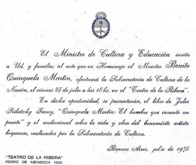 Invitación al homenaje de Quinquela en el Teatro de la Ribera