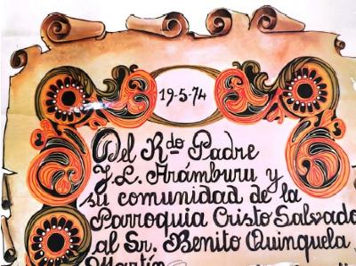 Pergamino dedicado a Quinquela  por una parroquia